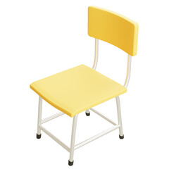 3D illustration of a yellow school chair with a white metal frame in cartoon style, perfect for educational or classroom themes.
