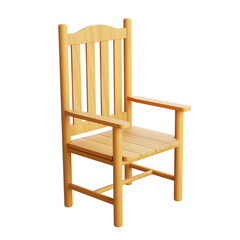 3D illustration of a traditional wooden chair with armrests and slatted backrest in cartoon style,...