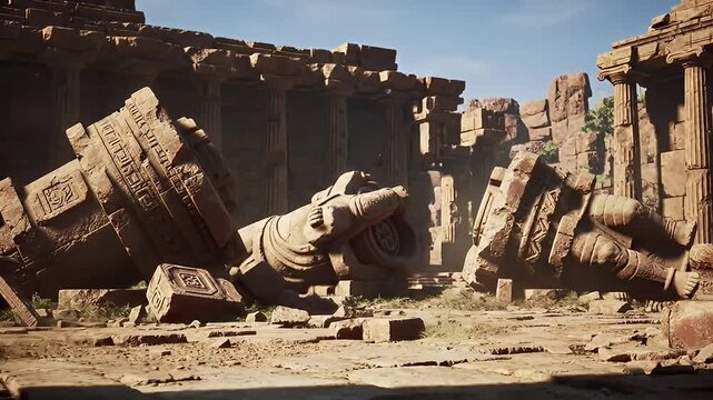 Stone statue lies broken amidst ancient ruins, pillars and walls crumbling in the sun