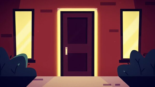 Simple cartoon style exterior of brick building at night with lit windows and door