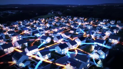 Night aerial view of a neighborhood with glowing connections between the houses - Powered by Adobe