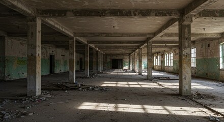 Abandoned industrial building interior with concrete columns and natural light streaming through windows