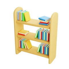 3D illustration of a wooden bookshelf filled with colorful books, perfect for library, education, reading, or interior design projects.