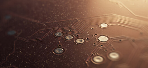 Close up of a circuit board with solder points and etched lines, emphasizing fine electronic connections typically found in compact chipsets and hardware modules