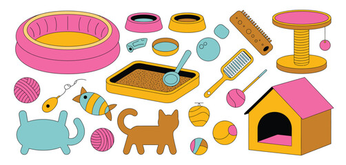 Collection of cute cat supplies and toys in a flat design style