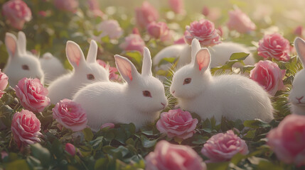 A group of white furry rabbits gathered in a lush yard full of blooming pink roses. 