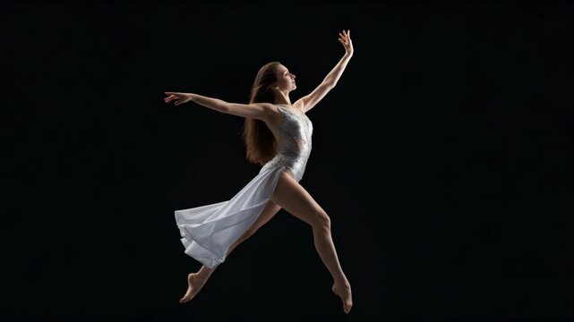 A female dancer in a flowing white dress leaps mid-air in a dramatic pose against a dark background.