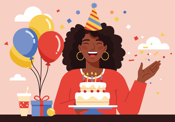 Smiling Woman with Party Hat Holding Birthday Cake with Candles.