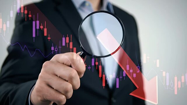 Businessman in Suit Holding Magnifying Glass Over Declining Stock Market Graph with Red Arrow on Grey Background