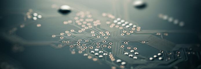 Abstract close-up of a circuit board with blurred background and foreground elements, creating a layered tech visual ideal for futuristic product displays or UI overlays
