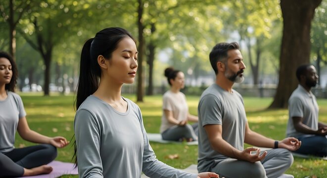 Group of diverse people meditating in a park, practicing mindfulness and relaxation.