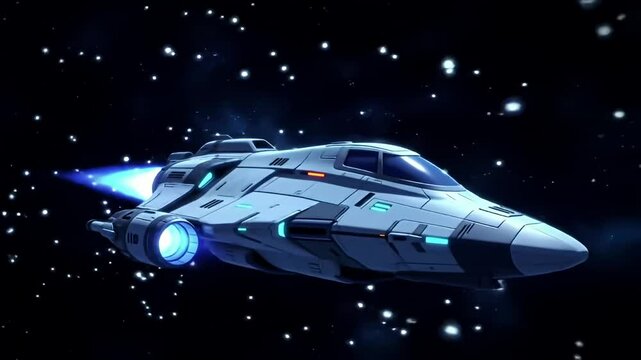 A spaceship soars through the vast expanse of space, surrounded by twinkling stars
