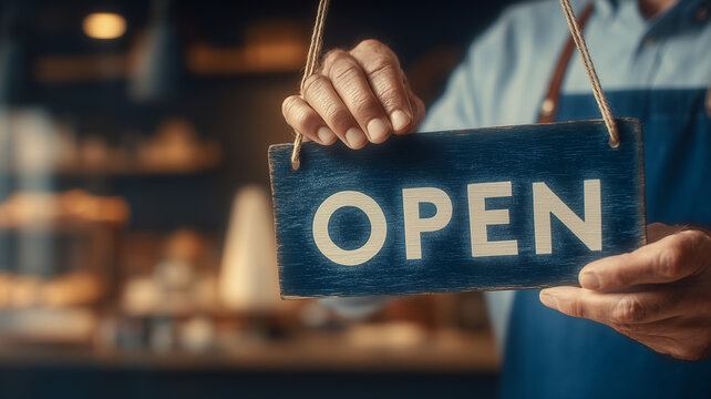 A Welcoming Small Business Opening concept shown by hands displaying a vintage OPEN sign under warm light.
