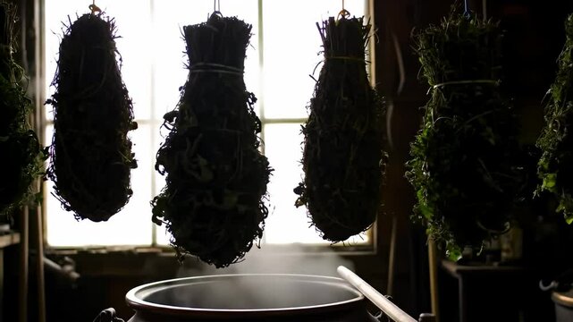 Herbs hang drying over a steaming pot, bathed in the light from a window behind them