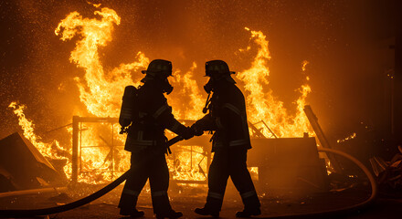 Silhouettes of Emergency Responders Against the Overwhelming Power of a Large Fire.