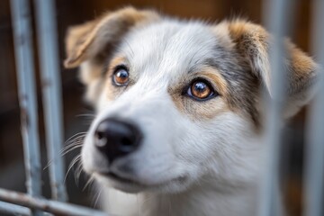Obraz premium A closeup shows a white and brown dog with amber eyes looking out from behind bars