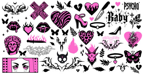 Vector illustration in bold Y2K and tattoo style, featuring gothic and alternative themes. Uses pink, black, and white, with motifs like hearts, butterflies, flames, lips, shoes, eyes, and knives.