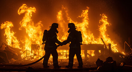 Silhouettes of Emergency Responders Against the Overwhelming Power of a Large Fire.