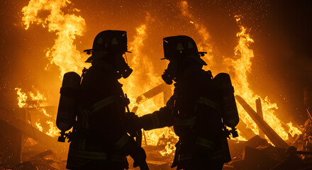 Silhouettes of Emergency Responders Against the Overwhelming Power of a Large Fire.