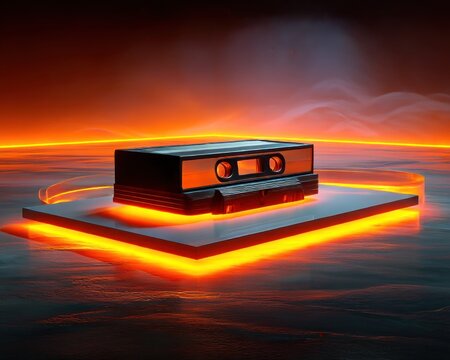 Glowing cassette tape in neon light