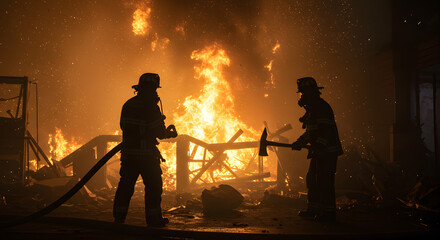 Night of the Fire: The Dramatic Scene of Firefighters Against a Backdrop of Intense, Consuming Flames.
