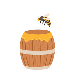 Honey bee hovering near a wooden barrel filled with golden honey