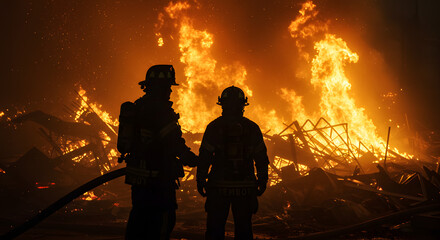 Defying the Flames: A Testament to Bravery as Firefighters Work Through the Heart of a Major Fire.