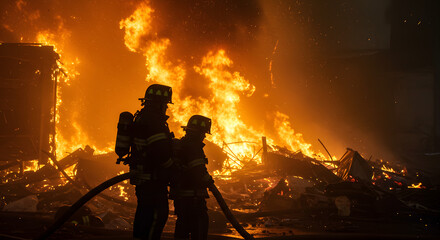 Defying the Flames: A Testament to Bravery as Firefighters Work Through the Heart of a Major Fire.