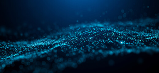 Abstract blue digital wave pattern with glowing particles on a dark background, illustrating flowing motion and energy waves in futuristic computing or blockchain themes