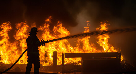 Firefighters Silhouetted Against Blazing Inferno : Heroic Figures Battling a Destructive and Dangerous Fire