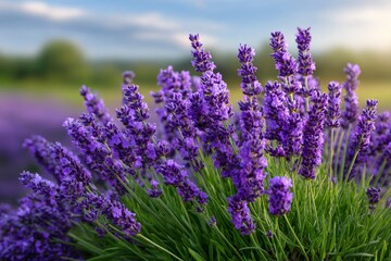 Obraz premium A closeup view displays a lavender bush filled with purple flowers in bloom against a blurred landscape backdrop