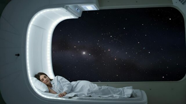 A woman sleeps peacefully in a futuristic pod bed with a panoramic window showing outer space and distant stars.