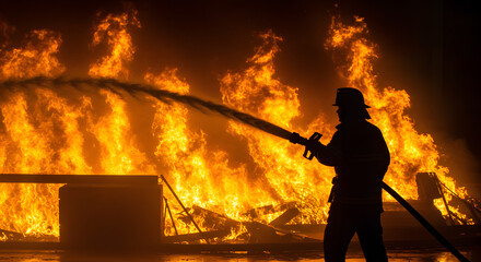 Firefighters Silhouetted Against Blazing Inferno : Heroic Figures Battling a Destructive and Dangerous Fire