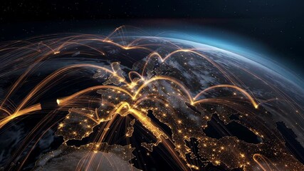 Global Logistics Network Visualized with Trade Routes on Earth from Space