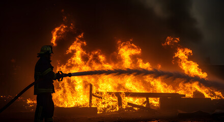 Firefighters Silhouetted Against Blazing Inferno : Heroic Figures Battling a Destructive and Dangerous Fire