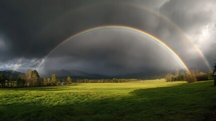 Fototapeta premium Bright double rainbow arching dramatically over a freshly rain-washed green meadow, dark storm clouds receding, sunlight breaking through.