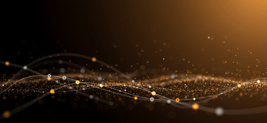 Abstract network with golden light dots and lines on a dark background, symbolizing futuristic systems or data flow across a glowing tech interface with premium contrast
