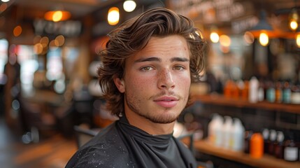Young man with wavy brown hair, in black cape against blurry barber shop interior