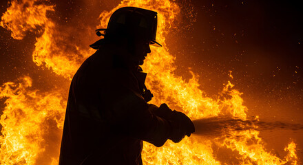The Fiery Aftermath: Silhouettes of Rescuers Against the Remnants of a Devastating and Intense Fire.