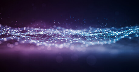 Abstract glowing particles flowing in a dark blue and purple gradient background, creating a cosmic digital feel ideal for sci-fi intros, deep tech visuals, or night UI themes