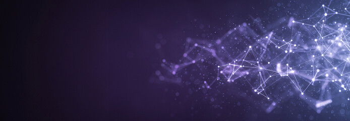 Abstract interconnected network of lines and dots on dark purple background, symbolizing global digital systems and futuristic neural links in a minimal dark environment