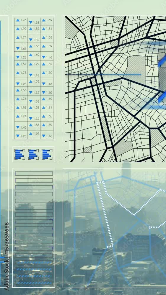 Poster animation of interface with data processing against aerial view of cityscape