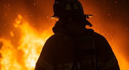 Guardians of the Inferno: Rescuers Facing a Devastating Fire, Their Silhouettes Against the Fiery Backdrop.