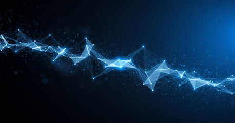 Abstract blue network of connected lines and dots on dark background, evoking secure communication, blockchain visuals, or decentralized digital infrastructures
