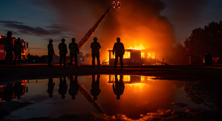 Amidst the Raging Fire: A Powerful Image of Firefighters Working to Control a Destructive Urban Blaze.