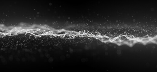 Abstract white particles flow horizontally against a dark background creating a dynamic effect, illustrating energy or data transmission in a sci-fi themed tech landscape