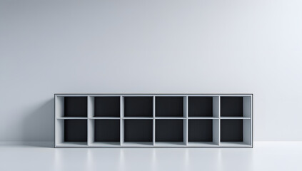 Black silhouette of modern rectangular shelf with central open cubby, surrounded by closed spaces, centered on a pure white background—symbolizing absence, order, secrecy, or quiet curiosity