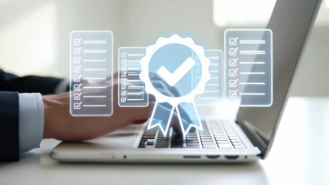 Close Up of Businessman Hands Typing on Laptop with Quality Control Assurance Certification Hologram in White Background for Adobe Stock