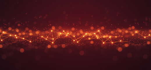 Abstract network of glowing orange dots and lines on a dark background, evoking digital currency networks, cybernetic systems, or connected device visualizations