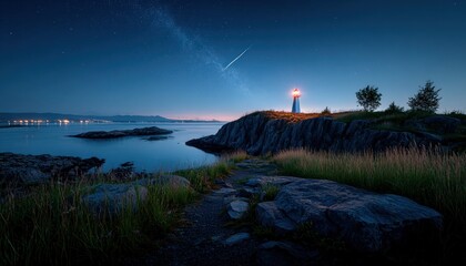 Lighthouse at night on a rocky coast